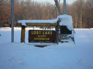 A change of signs at the wintry Lost Lakes Scout Reservation